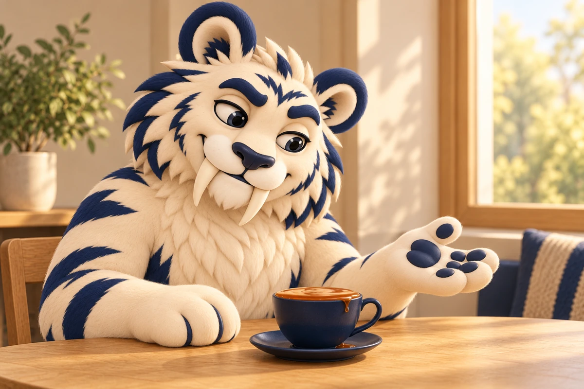 Säbi betrachtet mit hochgezogener Augenbraue eine bis zum Rand gefüllte Teetasse auf einem Holztisch.