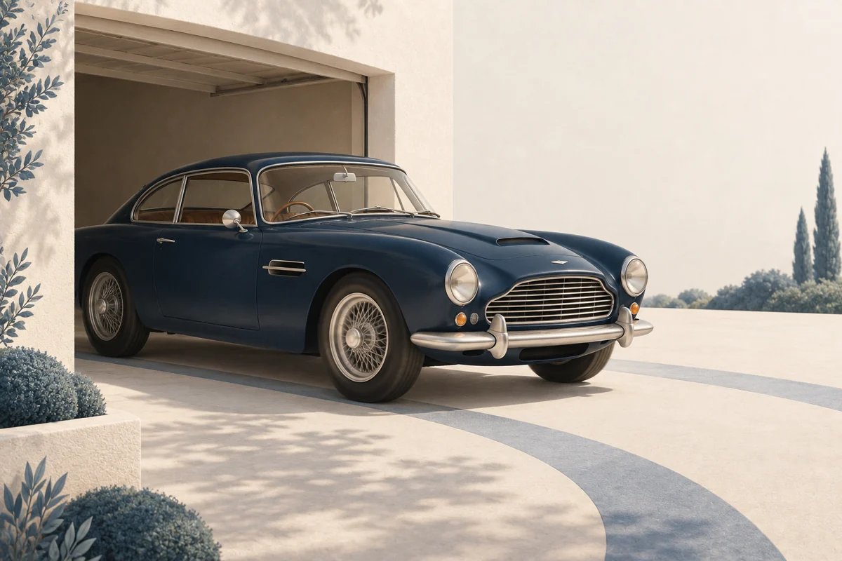 Ein gepflegter dunkelblauer Oldtimer f&auml;hrt aus einer offenen Garage.