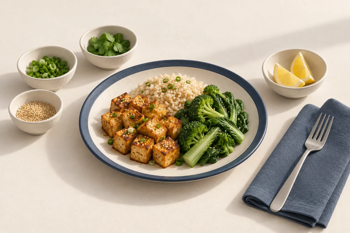 Ein Teller mit Tofu, Reis und Gem&uuml;se als Beispiel einer einfachen Mahlzeit.