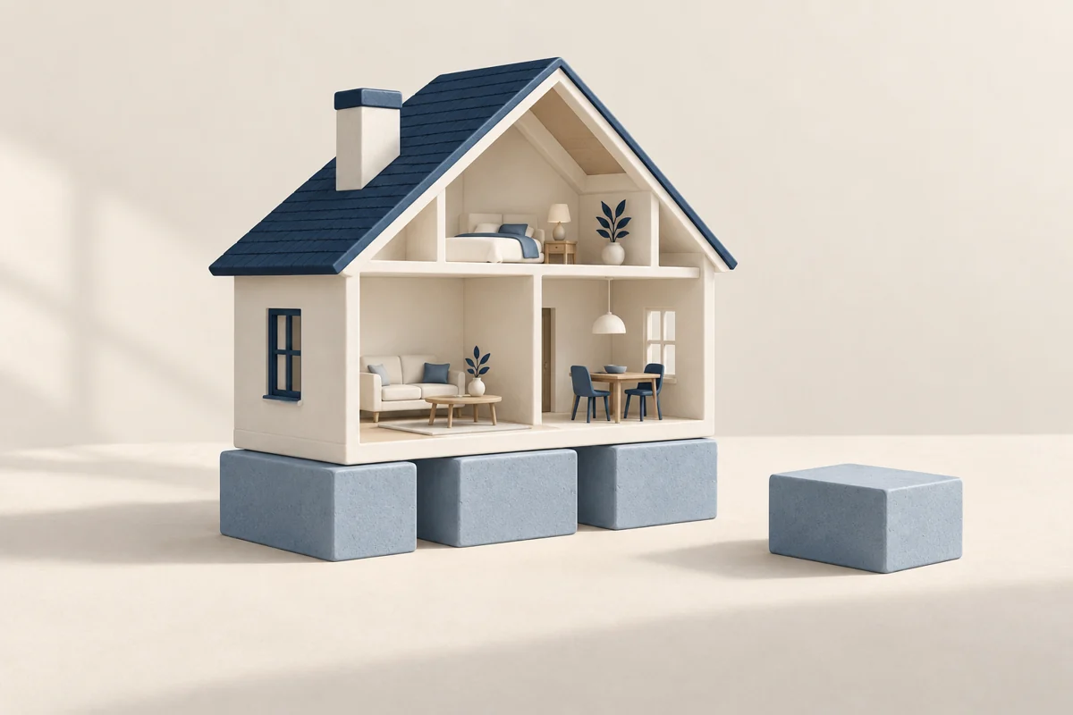 Ein Haus mit sichtbarem, stabilem Fundament aus drei breiten Bausteinen.