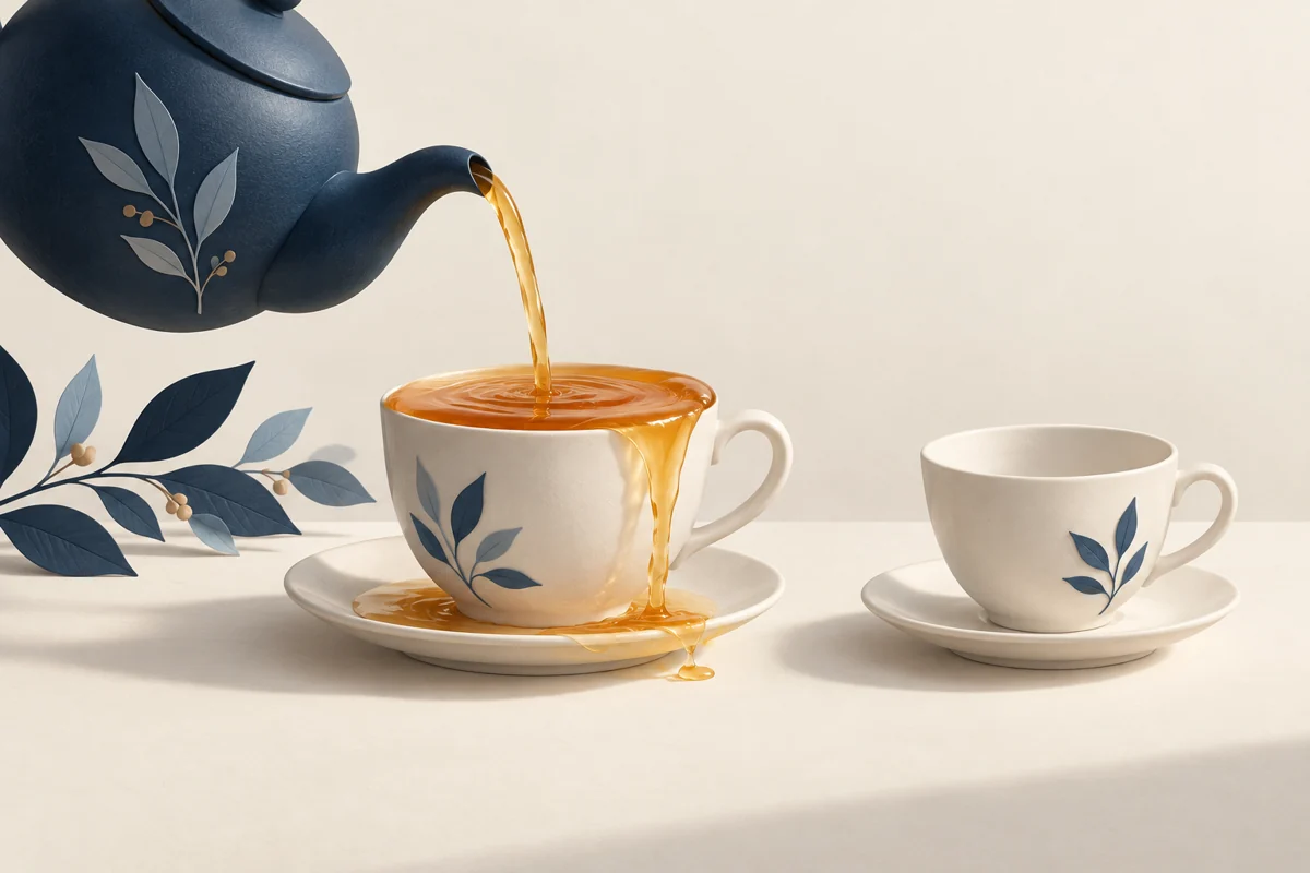 Eine volle Teetasse l&auml;uft &uuml;ber; daneben steht eine leere Tasse.