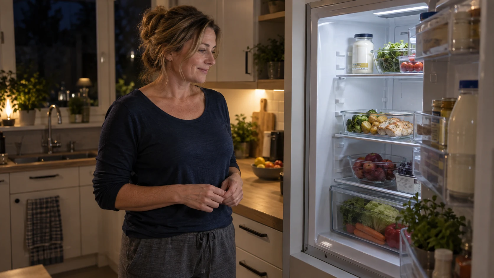 Eine Frau nimmt ihr vorbereitetes Abendessen aus dem K&uuml;hlschrank.