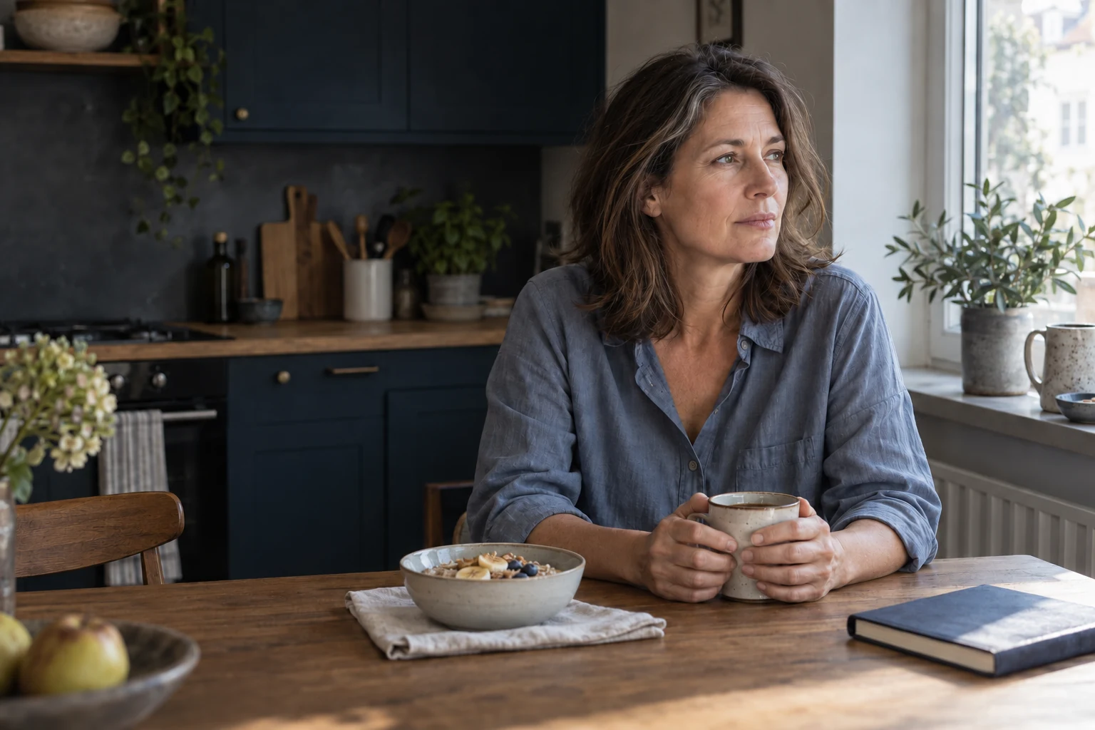 Eine Frau sitzt morgens mit einer Tasse am Fr&uuml;hst&uuml;ckstisch und blickt nachdenklich zum Fenster.