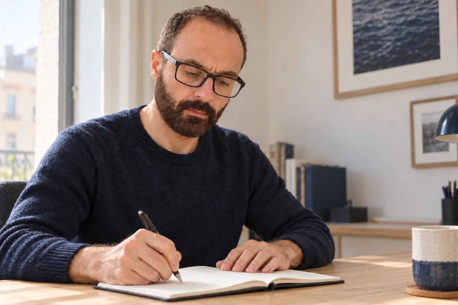 Raphael Ernst schreibt konzentriert mit Brille in ein Notizbuch an einem aufgeräumten Tisch.