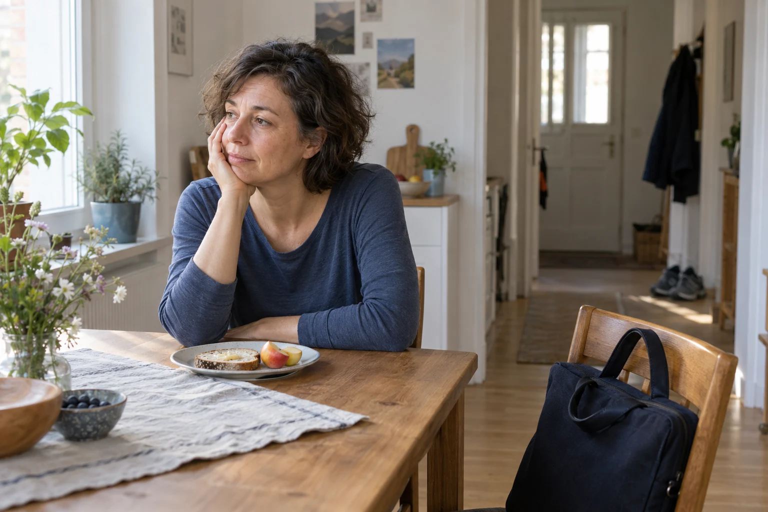 Eine m&uuml;de Frau am Fr&uuml;hst&uuml;ckstisch; ihre Tasche und die Schuhe f&uuml;r den Tag stehen bereit.